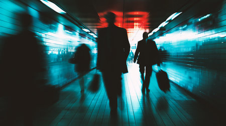 Silhouettes of business people walking in the underground passage at nightの素材