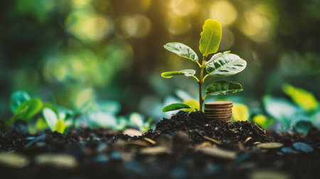 Small tree growing on coins with green bokeh background, Money growth conceptの素材