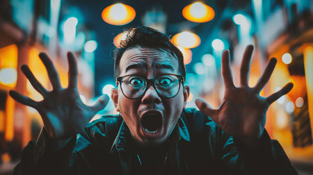 Portrait of young Asian man with glasses and surprised face expression.の素材