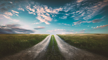 Road in the field with blue sky and white clouds - retro styleの素材