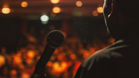 Microphone on stage in concert hall or conference hall, blurred backgroundの素材