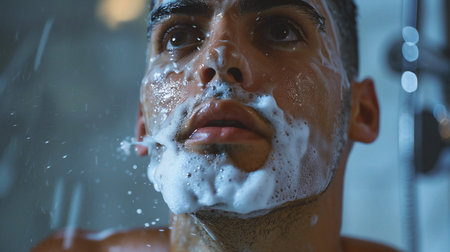 Close-up portrait of a handsome young man taking a shower.の素材