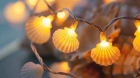Christmas lights with seashells on the background of a garlandの素材
