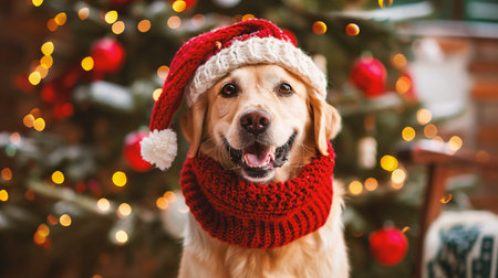 Cute labrador retriever in red hat and scarf on Christmas backgroundの素材