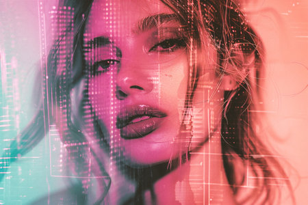 Double exposure portrait of beautiful young woman with glowing eyes and red lipsの素材