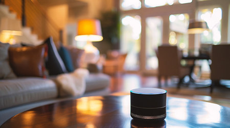 Sound speaker on wooden table in living room at home with bokeh backgroundの素材