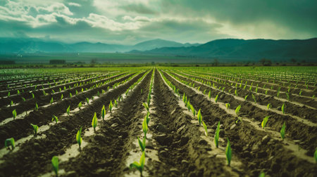 Seedlings in a row on the field. Agricultural landscape.の素材