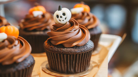 Halloween cupcakes with whipped cream and chocolate frosting on topの素材