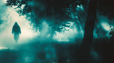 Silhouette of a man in a dark forest with foggy backgroundの素材