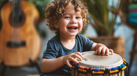 Toddler boy playing african american drum in living room at homeの素材