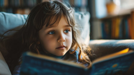 Cute little girl reading a book in the living room at homeの素材