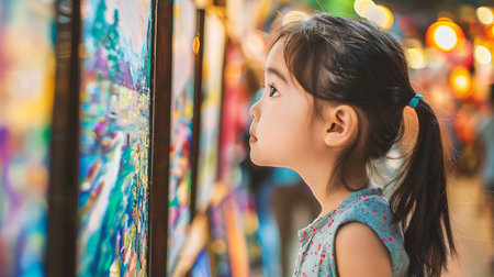 Little asian girl looking at art painting on the wall in the marketの素材