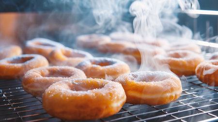 Close-up of glazed donuts on the grill with smokeの素材