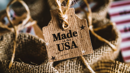 Made in USA label on burlap sack background. American flag.の素材