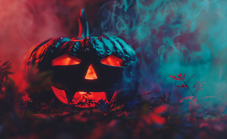 Halloween pumpkin with scary face and smoke on dark toned backgroundの素材