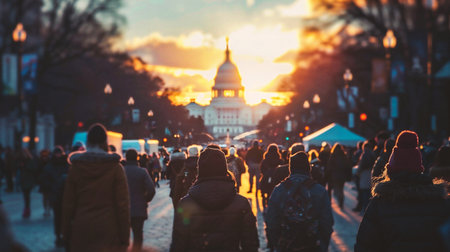 Crowd of people walking in the center at sunset.の素材