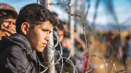 Portrait of a young boy in a barbed wire fence.の素材
