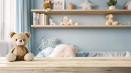 Teddy bear on wooden table in children room with blue wall backgroundの素材