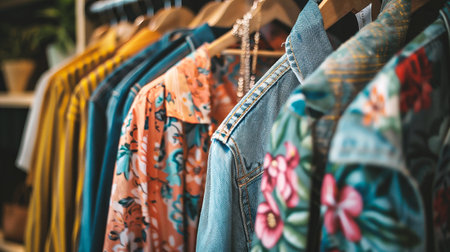 Clothing on hangers in a fashion store, close-upの素材