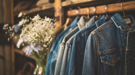 Jeans hanging on a rack in a store, vintage tone.の素材