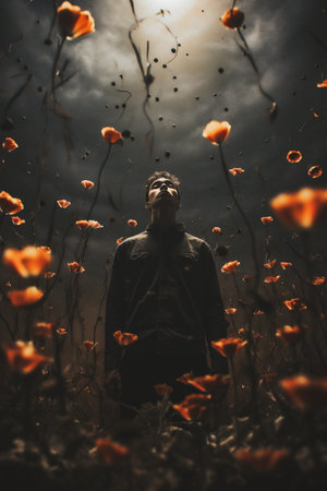 A young man in a black jacket among the flowers of poppiesの素材