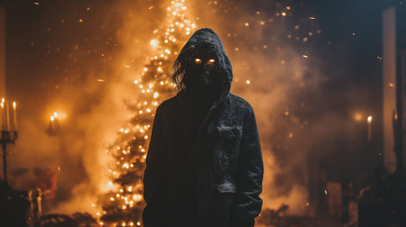 Hooded man in front of a christmas tree with lightsの素材