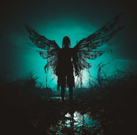 Silhouette of a witch in the night forest. Halloween concept.の素材