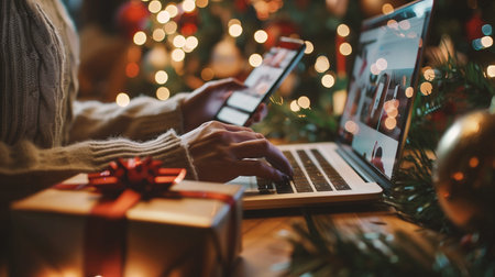Close up of woman using laptop with christmas gifts on wooden tableの素材