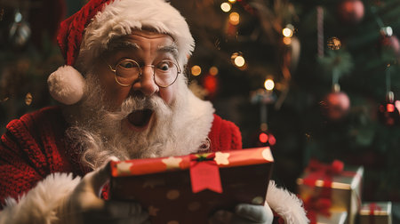 Portrait of Santa Claus in red sweater and eyeglasses holding gift box and looking at cameraの素材