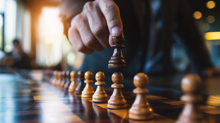 Businessman playing chess game on wooden board, business strategy concept.の素材