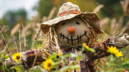 A scarecrow in a field of sunflowers in autumn.の素材