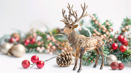 Christmas and New Year background with Christmas tree branches, deer and decorationsの素材