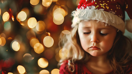 Portrait of cute little girl in Santa hat on christmas backgroundの素材