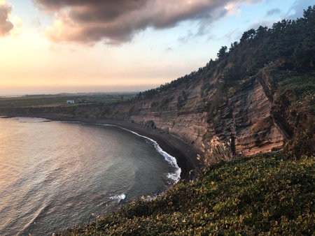 landscape,nature,sea,mountain,rock,rock,blue,cloud,coastline,coast,jeju islandの写真素材