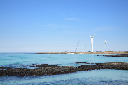 wind power generators in seaside, Jeju Islandの写真素材