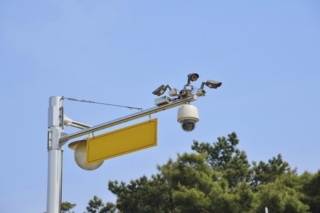 closeup of three Infrared CCTV, surveillance cameras