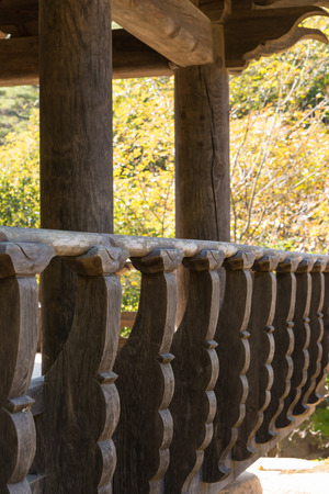 closeup of korean wooden banister of traditional architectureの写真素材