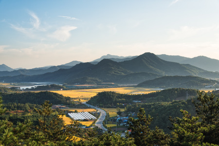 View of lyaers of mountain from Gyeongcheondae in Sangju, Koreaの写真素材