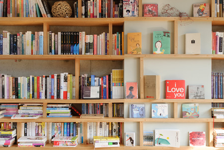 PAJU, KOREA - NOVEMBER 24, 2009: bookself on a wall in a bookcafe located in Heyri Artvillageのeditorial素材