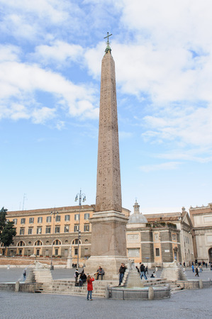 ROME, ITALY - JANUARY 27, 2010: The obelisk is at the centre of the Piazza del Popolo in Rome, Italy. It is known as the obelisco Flaminio or the Popolo Obelisk. There are Egyptian style Lion fountains around the base of the obelisk,のeditorial素材