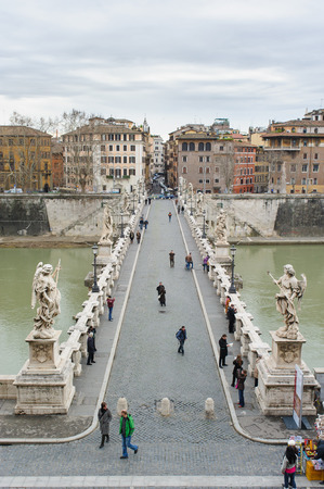 ROME, ITALY - JANUARY 27, 2010: Aelian Bridge(Ponte Sant'Angelo or Pons Aelius in Italian) is a Roman bridge over the tiber in Rome, Italy. There are statues of Angel on the bridge.のeditorial素材
