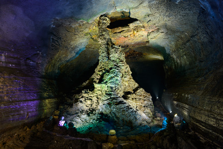 Jeju-do, Korea - April 14, 2015: Lava column in Manjanggul cave in Jeju island, Korea. Manjanggul is one of the finest lava tunnels in the world. And it is designated as UNESCO World natural heritage.のeditorial素材
