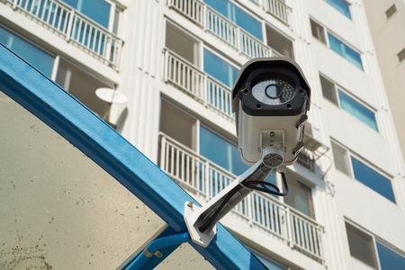 closeup of closed-circuit television (CCTV) in a apartment complexの写真素材