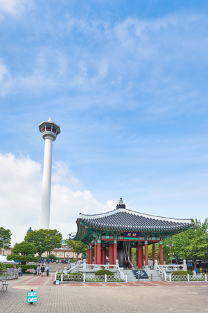 Busan, Korea - September 20, 2015: Yongdusan is one of the well-known mountains in Busan. Lots of tourists visit the park because it is located near the Nampodong downtown. Busan Tower is a 118 meter high tower and you can see panoramic coast line of cityのeditorial素材