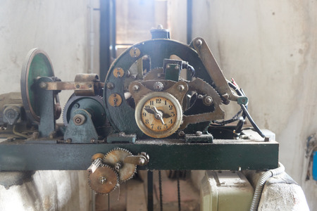 closeup of mechanical clock at a bell towerの写真素材