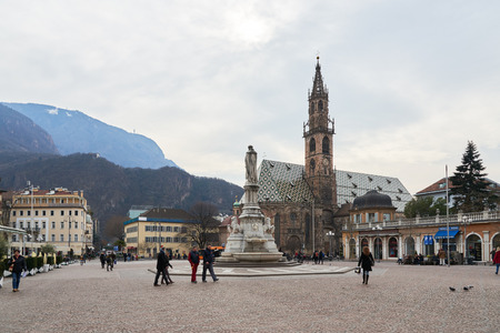 Bolzano, Italy - February 22, 2016: Bolzano Cathedral. It is Bolzano's chief landmark and a gem of Romanesque and Gothic architecture, a symbol of the meeting of southern and northern influences.のeditorial素材