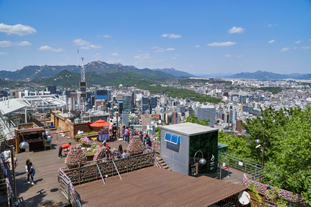 Seoul, Korea - April 26, 2017:  Obervatory in Namsan mountain and cityscape of Seoul. Namsan located in central Seoul is one of the famous attractions of Seoul with N tower and panoramic views of the city.のeditorial素材