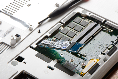 Gimpo-si, Korea - July 10, 2018: Closeup of SATA type SSD(Solid-State Drive) connected to M.2 slot...