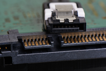 close-up of SATA (Serial AT Attachment, Serial ATA) terminal, computer bus interface to connect mass...