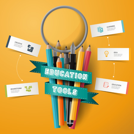 infographic Design template Colorful pencil crayons and pen and magnifier with ribbon, vector illustration.のイラスト素材